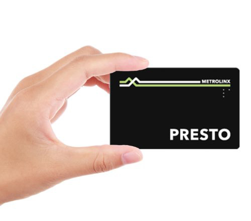 A hand holding a PRESTO Card