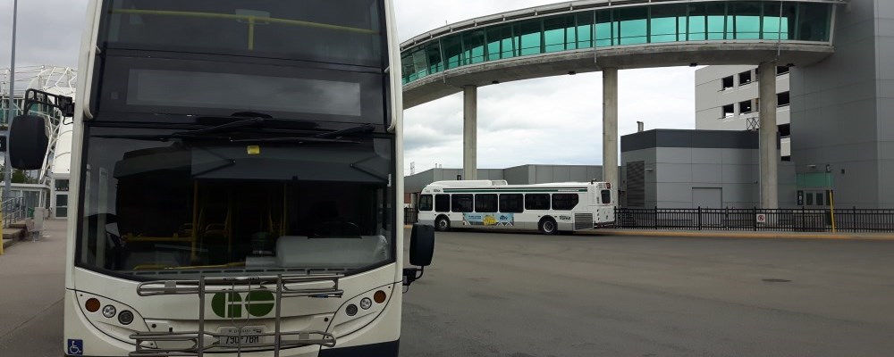 A GO bus and a DRT bus at a station