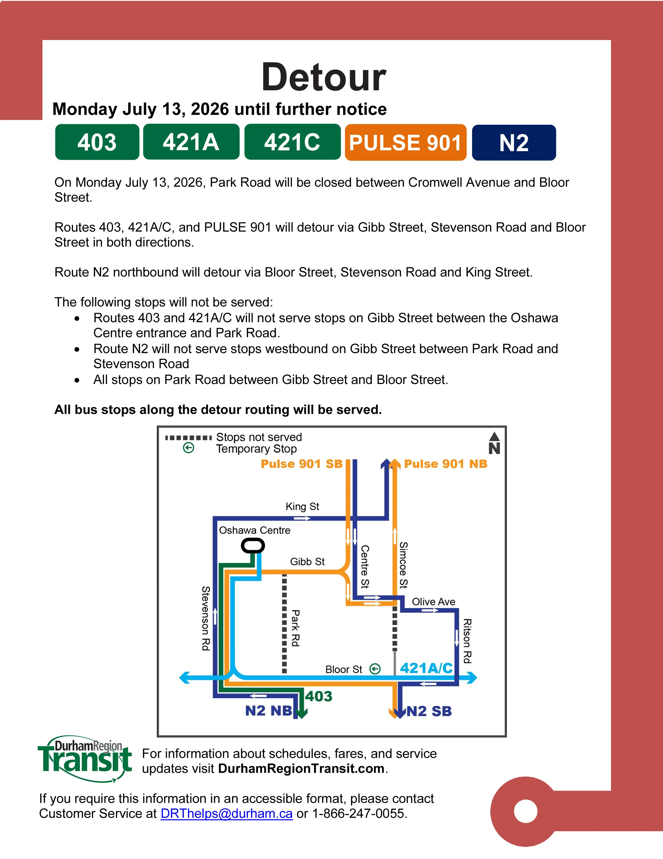 Detour Notice - Monday July 13, 2026 until further notice - 403, 421A, 421C, Pulse401, N2 - Full detour details in news post