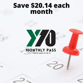 Graphic promoting Durham Region Transit’s Y10 Monthly Pass for youth ages 13 to 19. Text reads “Save $20.14 each month” above the Y10 Monthly Pass logo. A red push pin marks a date on a calendar in the background, highlighting monthly savings and back-to-school transit planning.