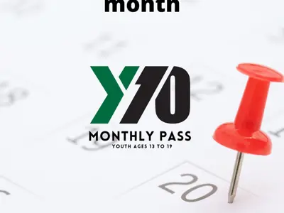 Graphic promoting Durham Region Transit’s Y10 Monthly Pass for youth ages 13 to 19. Text reads “Save $20.14 each month” above the Y10 Monthly Pass logo. A red push pin marks a date on a calendar in the background, highlighting monthly savings and back-to-school transit planning.