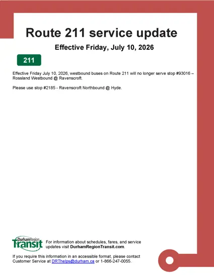 Route 211 service update; Effective Friday, July 10, 2026 full details repeated in post 
